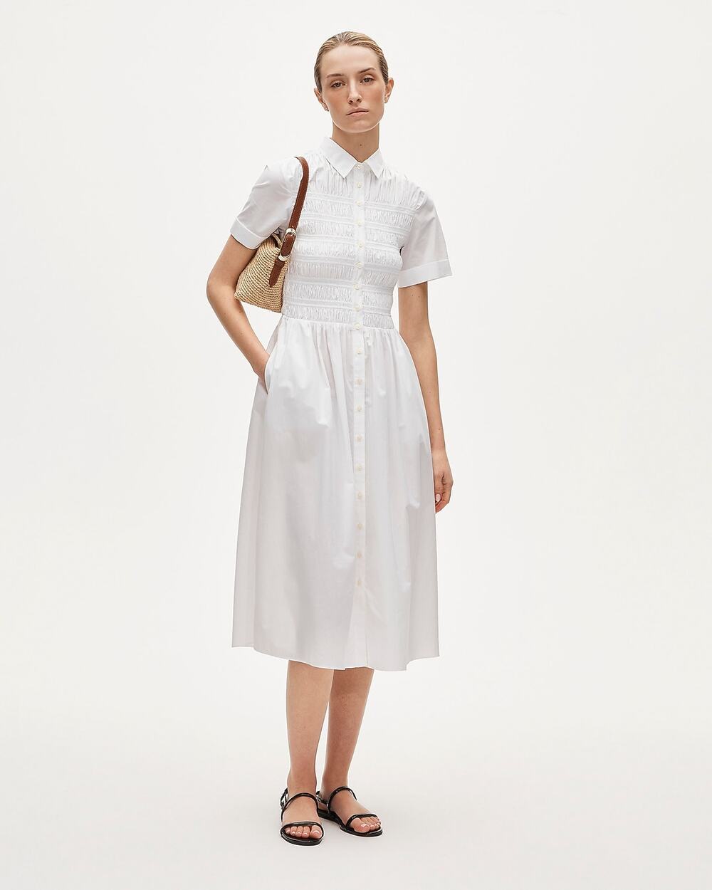J.Crew Elsie Minimalist Smocked Shirt Dress White Cotton Poplin XL